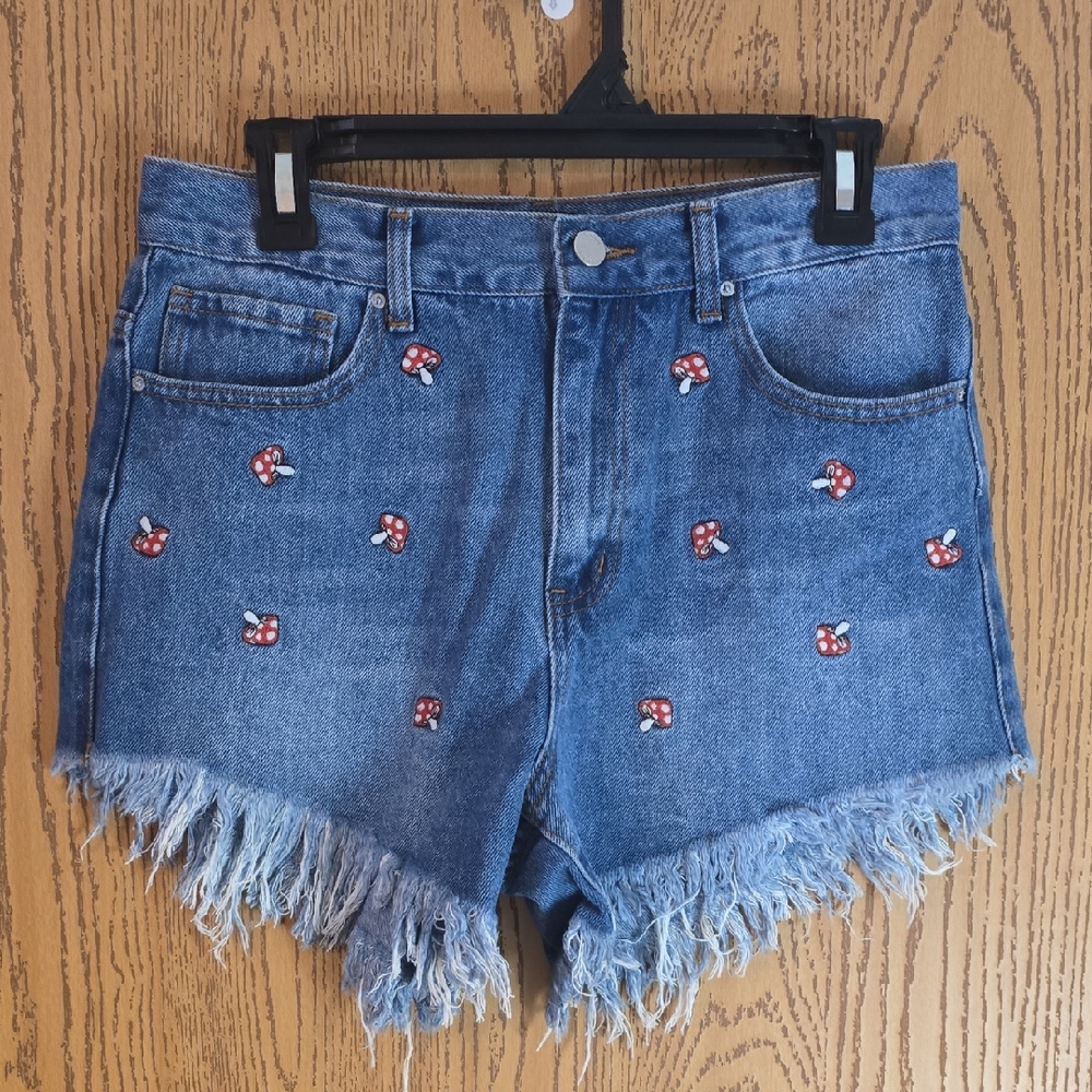 Embroidered Mushroom Denim Shorts